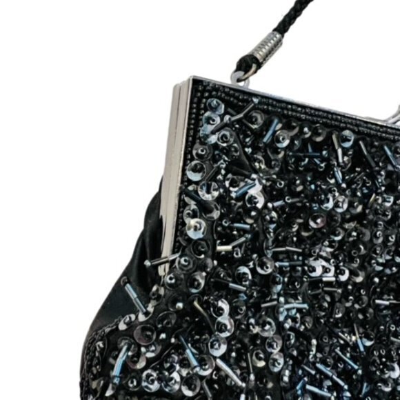 Vintage Purse Lancome Black‎ Beaded Crossbody / Clutch Shiny Formal Designer - Picture 5 of 11